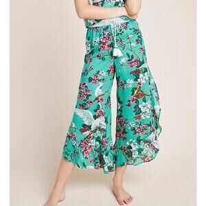 Anthropologie Layla Sleep Pajama Pants Flowy Teal Pink Floral Birds Sz Small